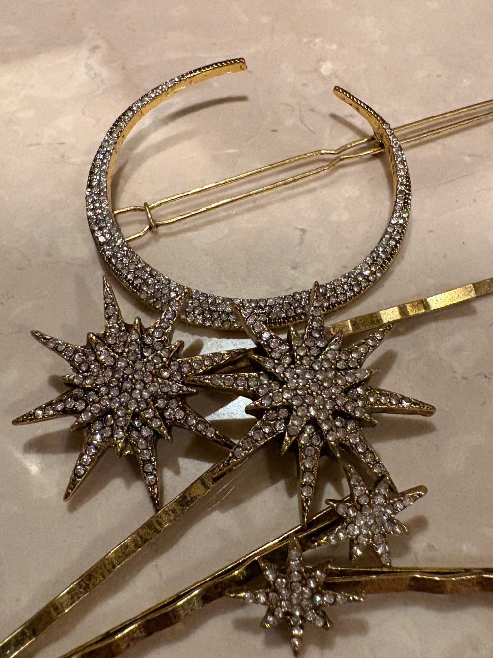 Anthropologie Celestial Gold Moon & Star Rhinestone Hair Pin Set (five pieces) - Picture 6 of 6